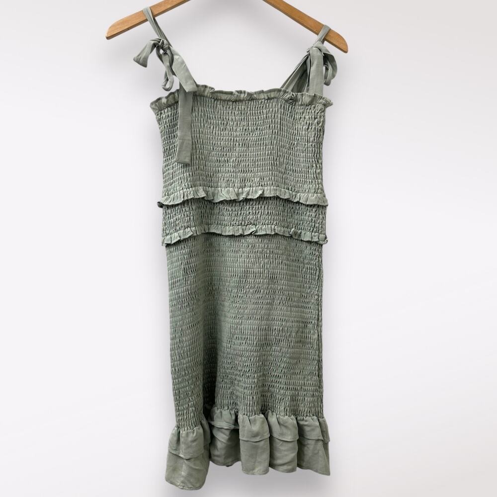 Mable L Light Green Badale Smocked‎ Ruffles Fitted Mini Dress Satin Stretch